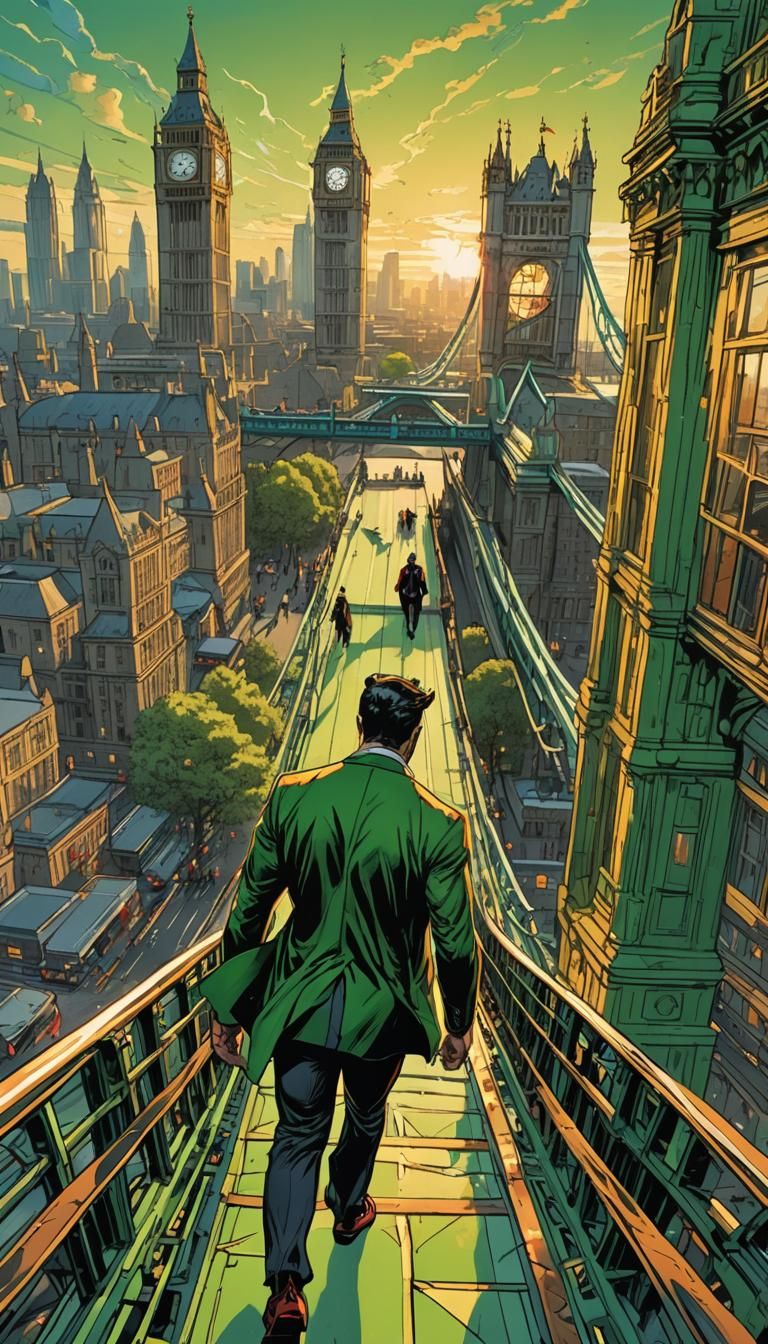 Tiger Superman Walks Across London Bridge in Comic Book Styl...