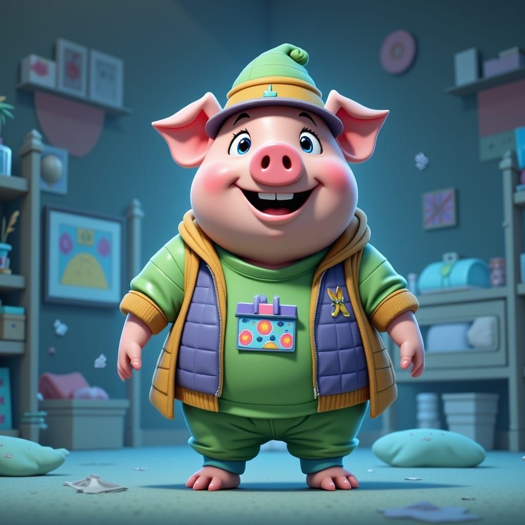Cheerful 3D Pig Named Fats in Sunny Bedroom