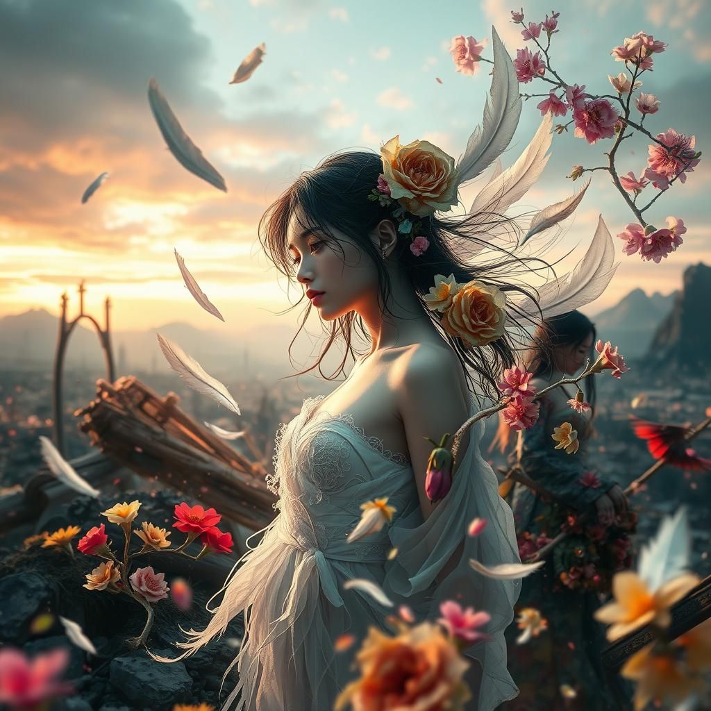 Ethereal Woman in Post-Apocalyptic Landscape, Anime Style