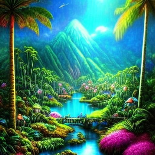 Lush Gnome Village in Tropical Forest Clearing