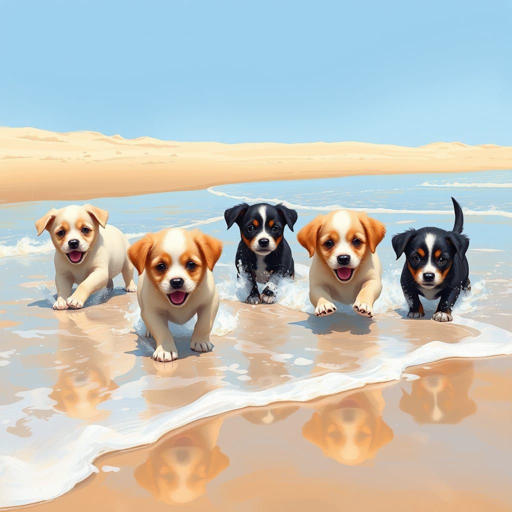 Joyful Puppies Frolic in Impressionist Beach Scene