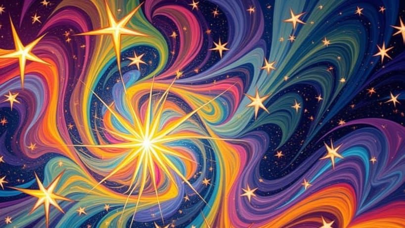 Surreal 3D Cosmos of Swirling Rainbow Stars