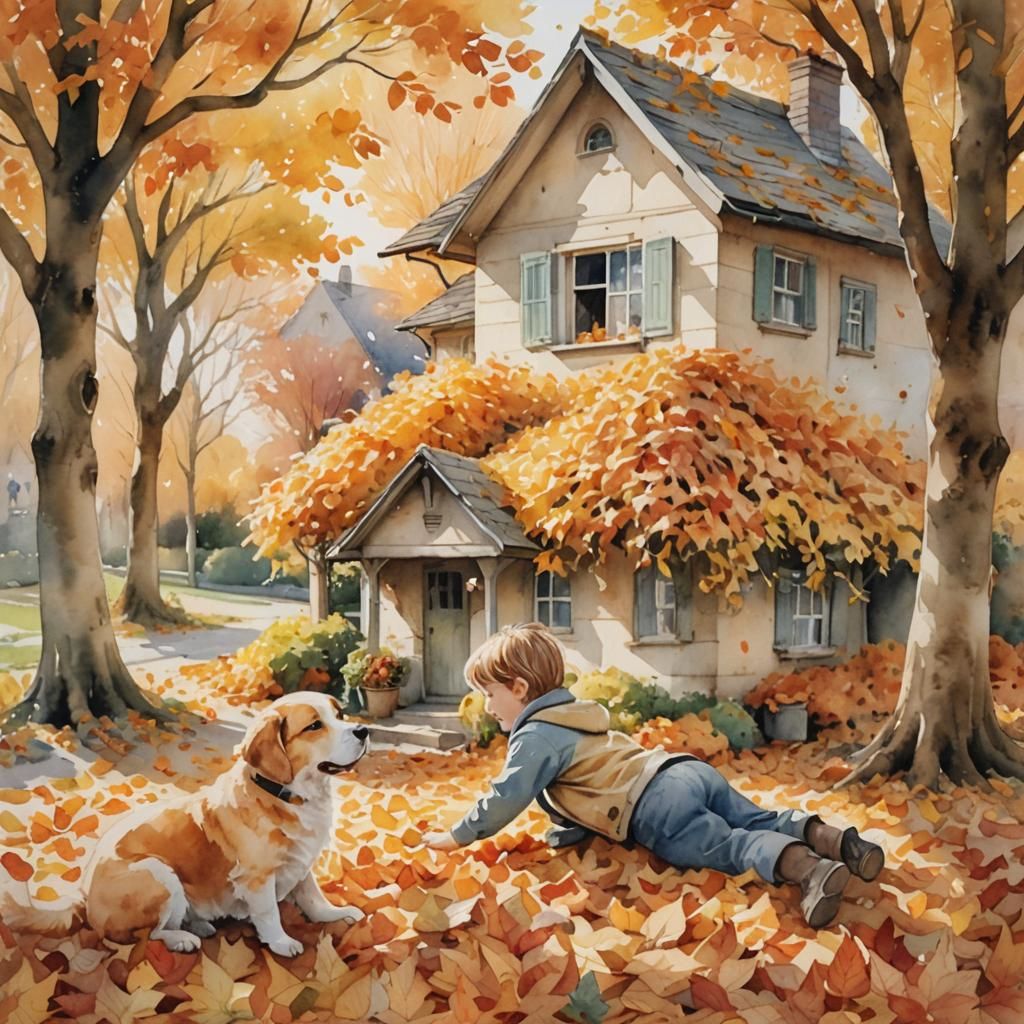 Whimsical Watercolor: Child and Puppy in Autumn