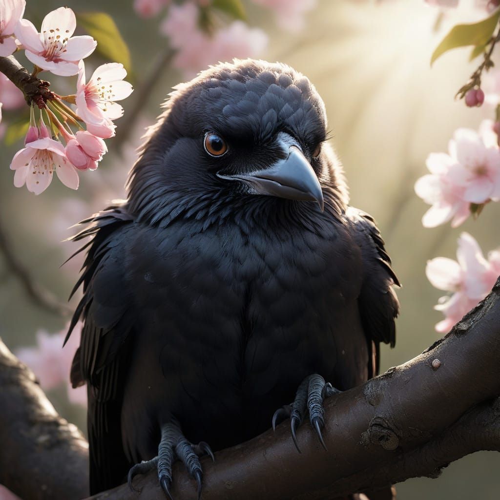 Baby Crow in Blossoming Cherry Tree