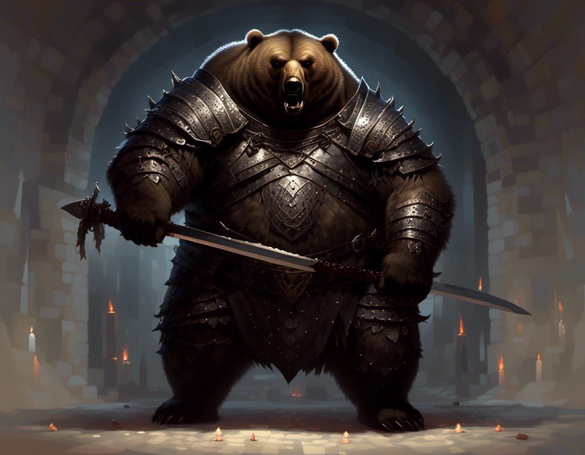 Grizzly Bear Barbarian Wielding Greatsword in Darkness