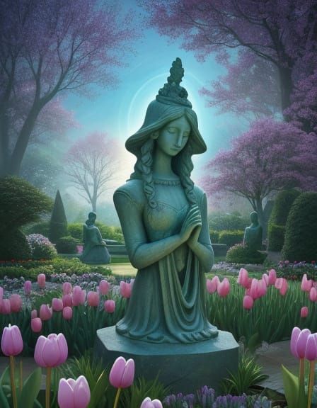 Stone Tulip Statue Glows Ethereally in Dreamlike Garden