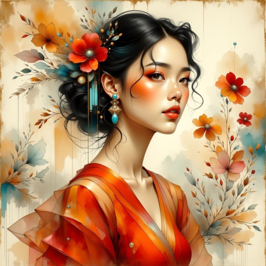 Colorful Ink Wash Portrait of Modern Woman