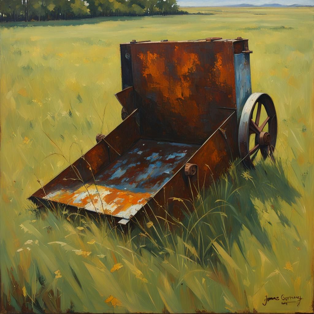 Rusted Metal Sheet in Grassy Field, Oil Painting