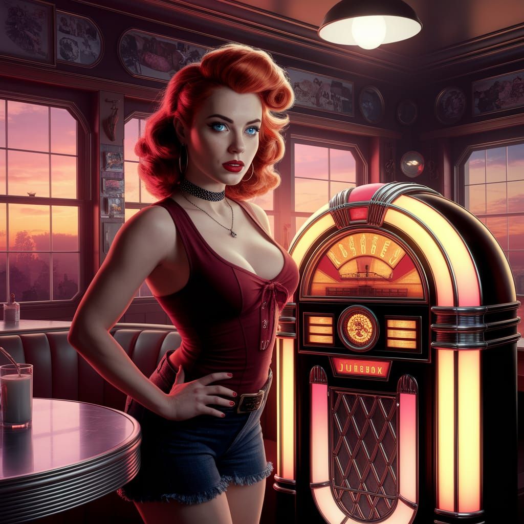 Rockabilly Woman in Sunset Diner Matte Painting