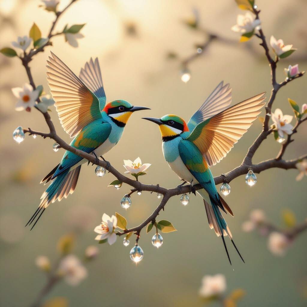 Colorful Bee-eaters Take Flight in Dewy Morning Light