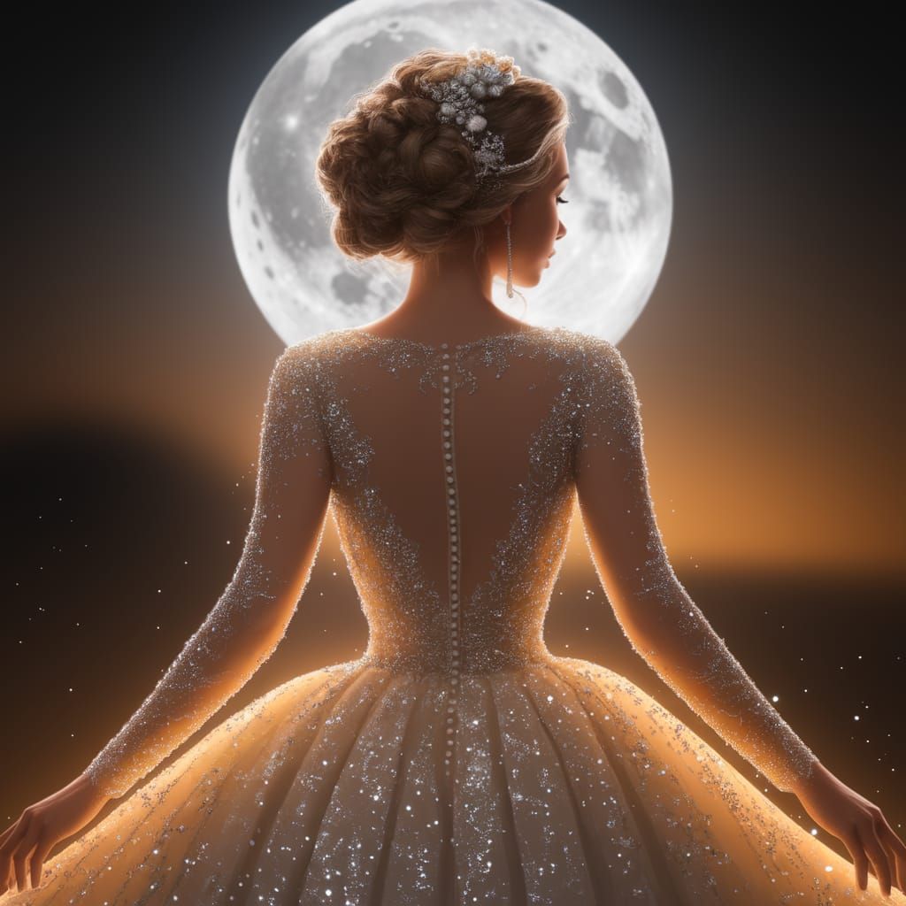 Ethereal Bride in Golden Gown Under Silvery Moonlight