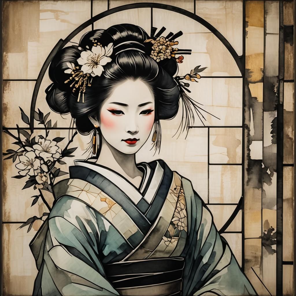Elegant Geisha Portrait as Tiffany-Style Stained Glass