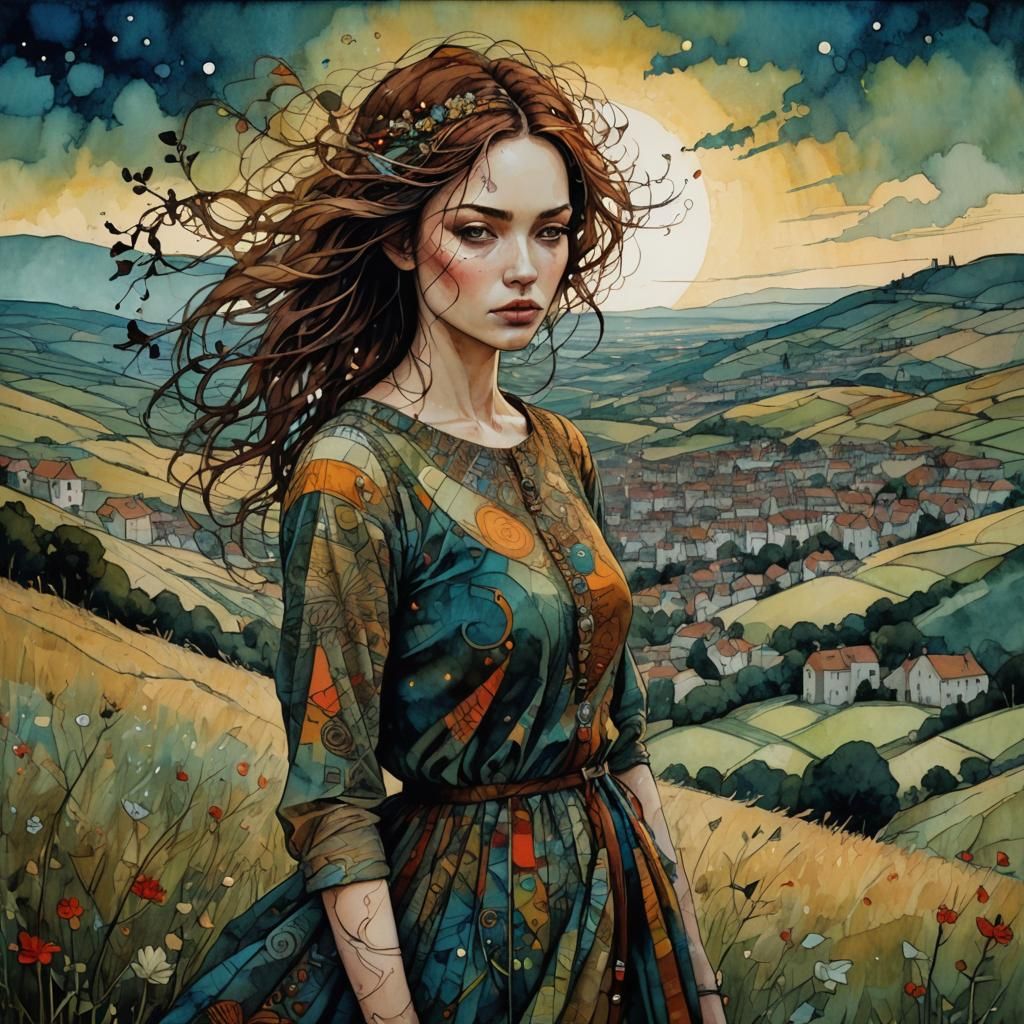 Girl on Windy Hill: Liquid Ink Watercolor Illustration