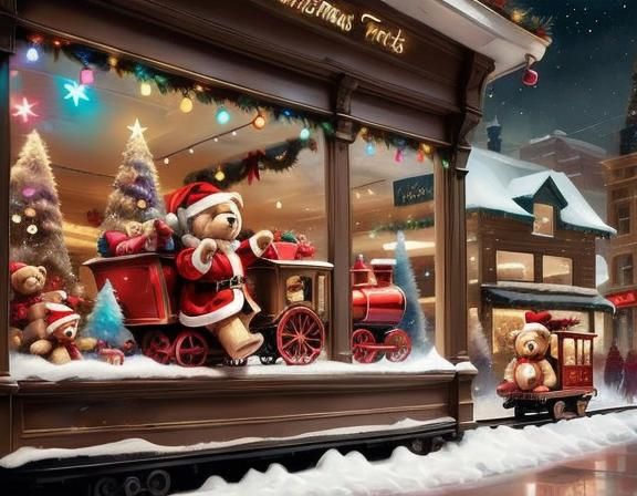 Beautiful Toy Shop Window Display of Teddy-bears on a Train