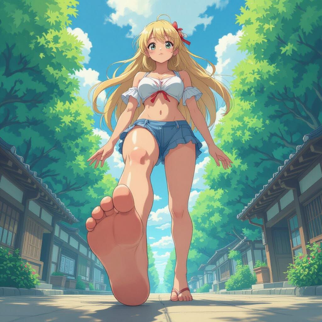 Blonde Giantess Bare Foot View Under Sole Anime Style