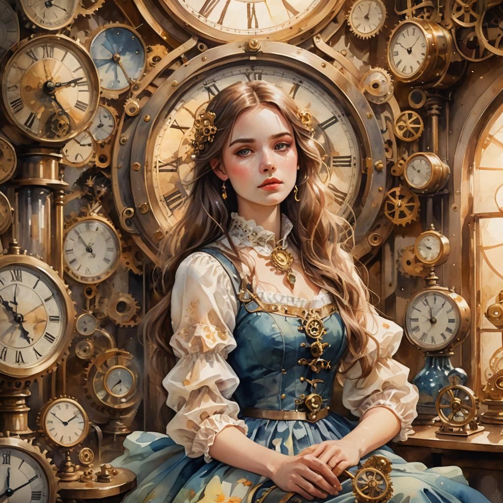 Dreamy Girl with Hourglass in Watercolor Style