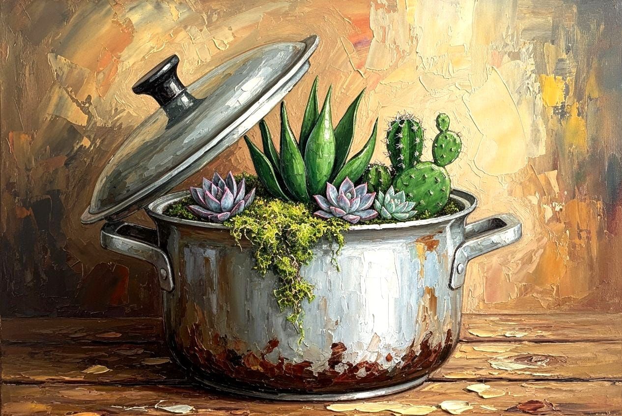 Succulent Garden Bursting from a Cooking Pot as Impasto Pain...