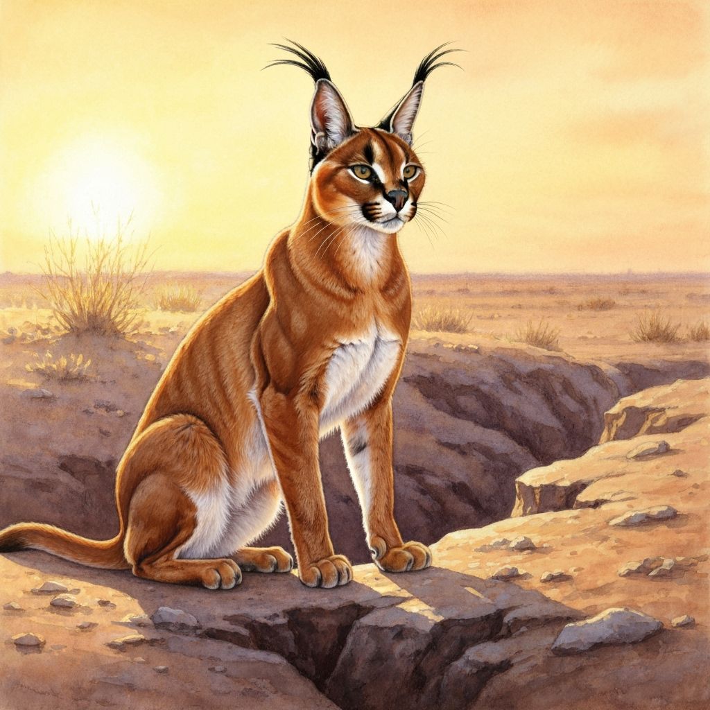 Caracal Cat in Arid Landscape, Watercolor Painting