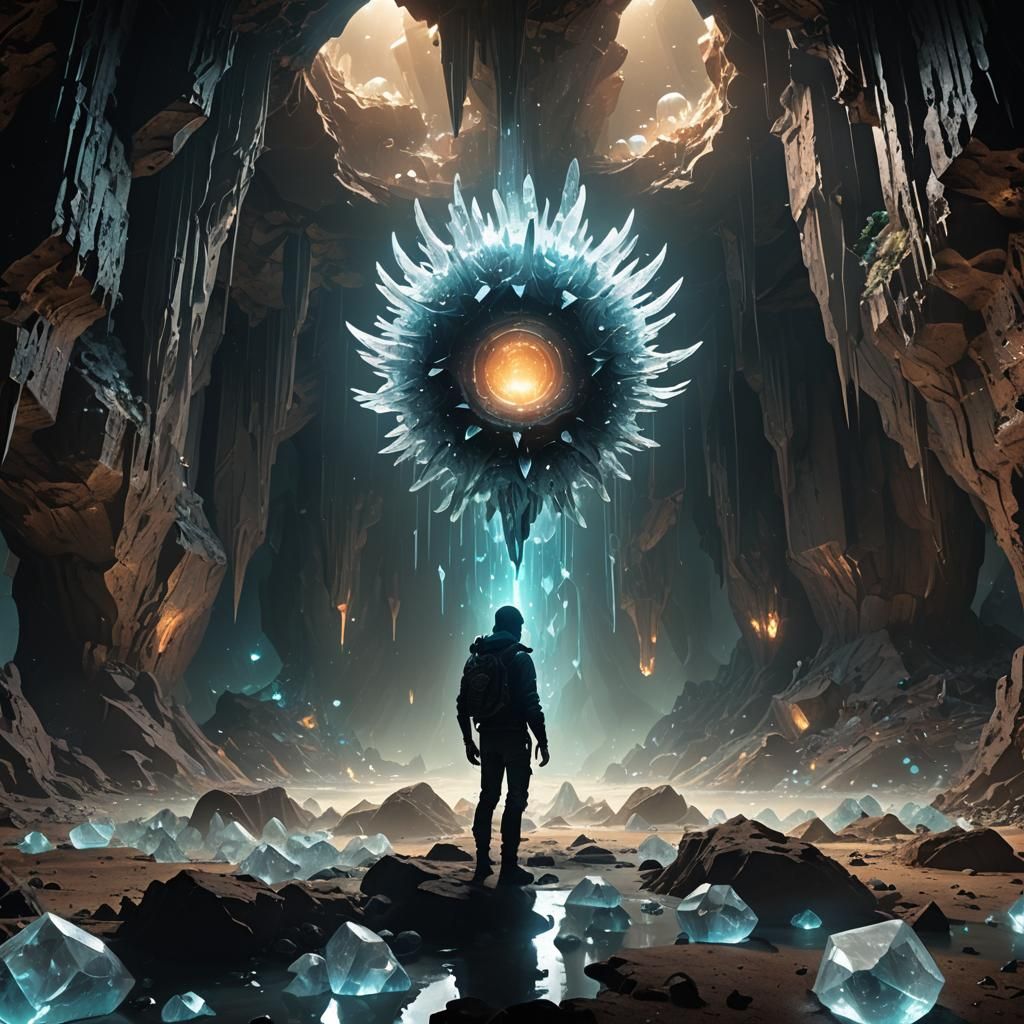 Glowing Crystal Cavern: Beholder in a Cinematic Scene