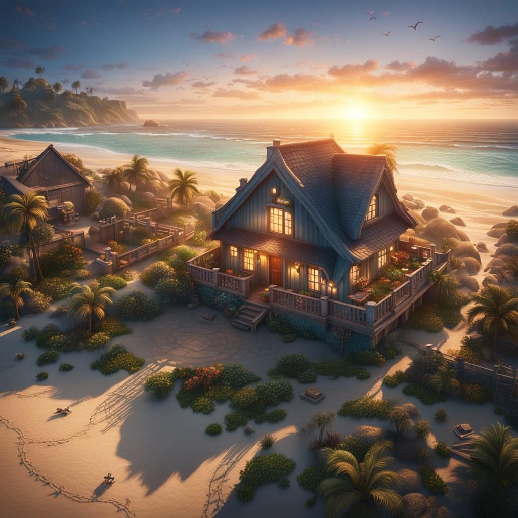 Beach Cottage at Sunrise: Matte Painting Style