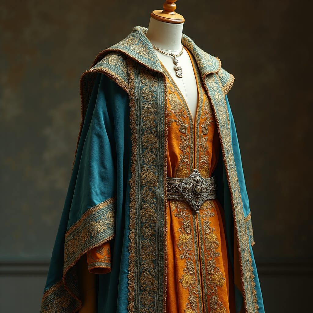 Golden Royal Robe in Luxurious Blue Velvet, Iridescent Coppe...