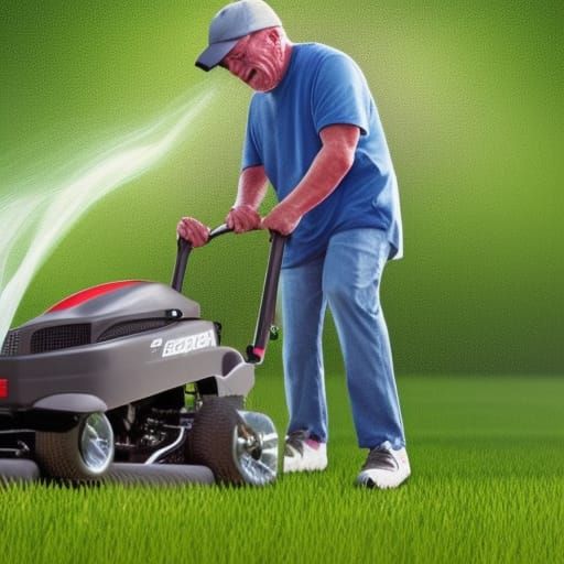 Hyperrealistic Dad Mowing Lawn with White New Balance Sneake...