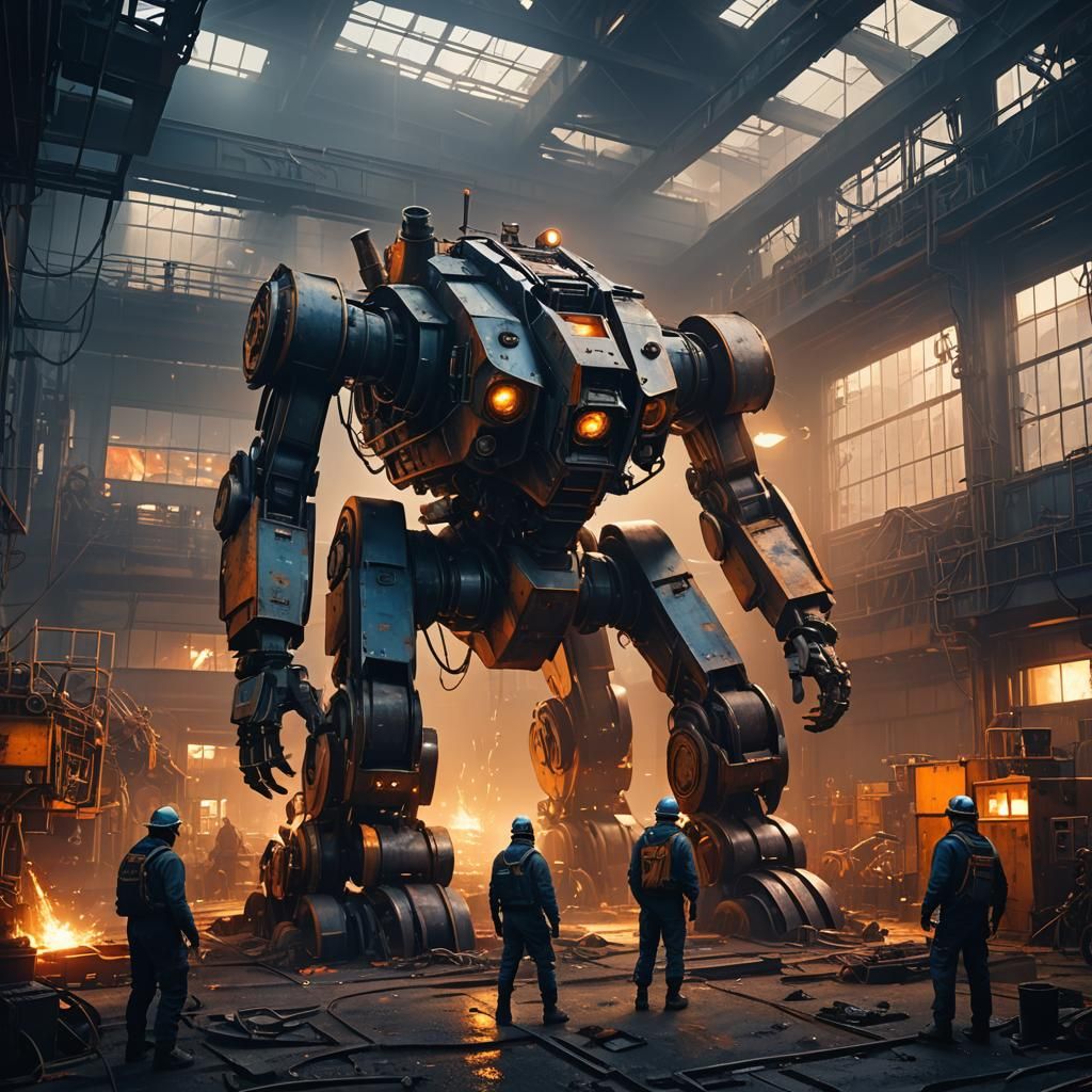 Post-Apocalyptic Mech Assembly in Industrial Concept Art