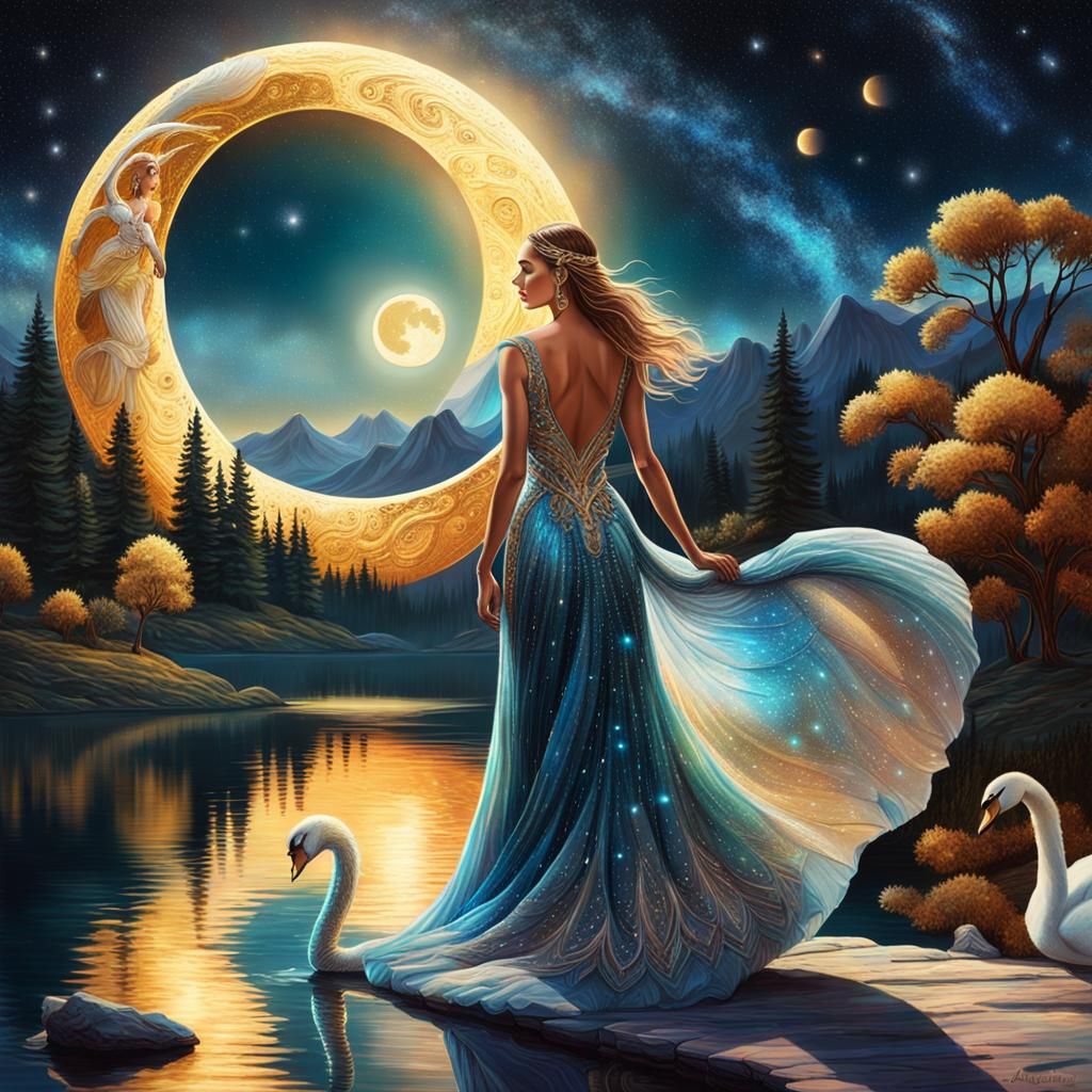 Cosmic Night: Woman, Swan, and Moonlit Galaxy
