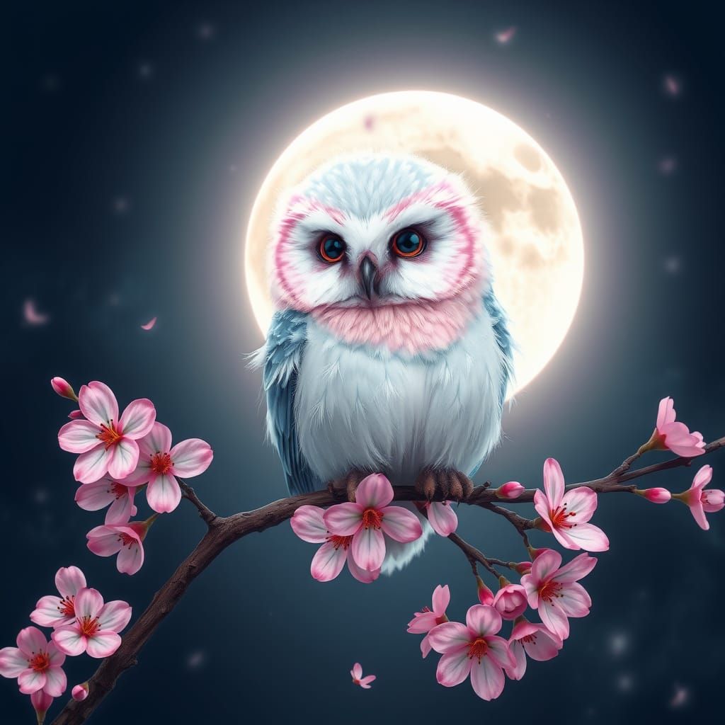 Dreamy Pastel Owl Perched on a Cherry Blossom Branch