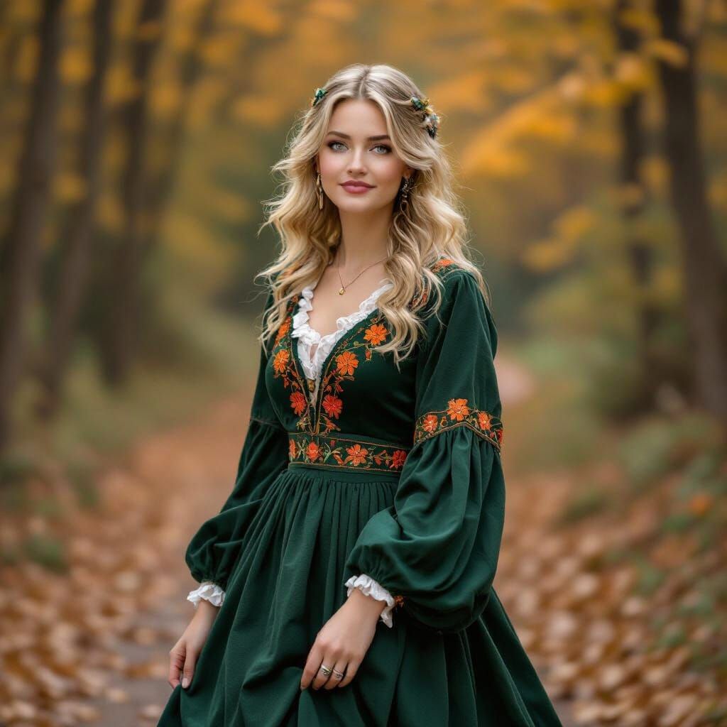 European Woman in Autumn Forest, Impressionistic Style