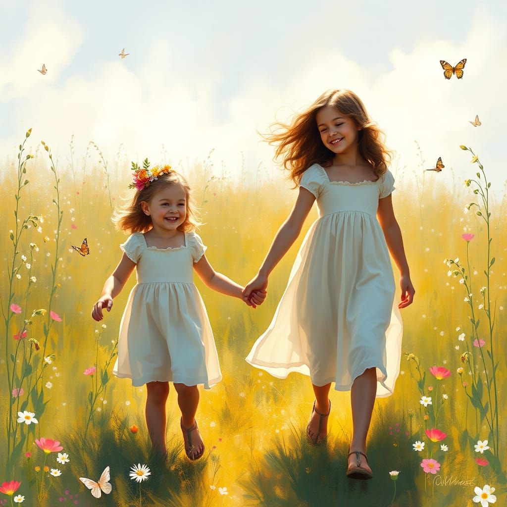 Girls Walk Hand in Hand Through a Vibrant Meadow