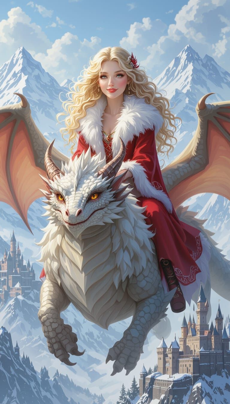 Ethereal Woman Rides Winged Dragon Over Snowy Mountains