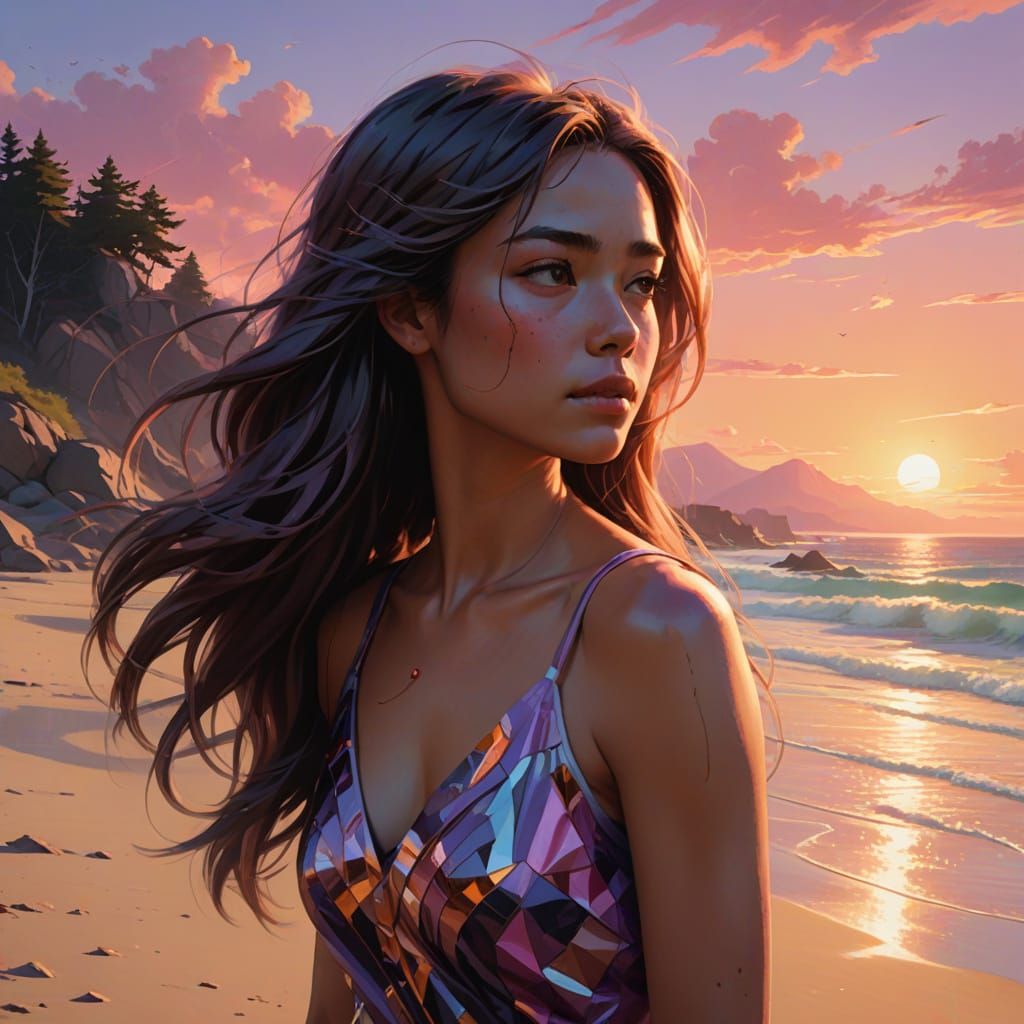 Woman Basks in Sunset Glow on Weathered Beach