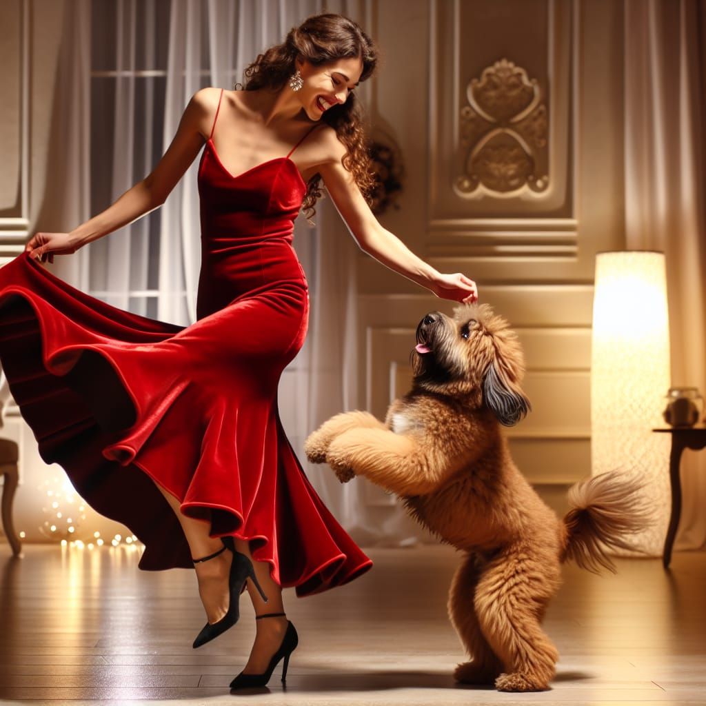 Woman in Red Dress Dancing with Dog