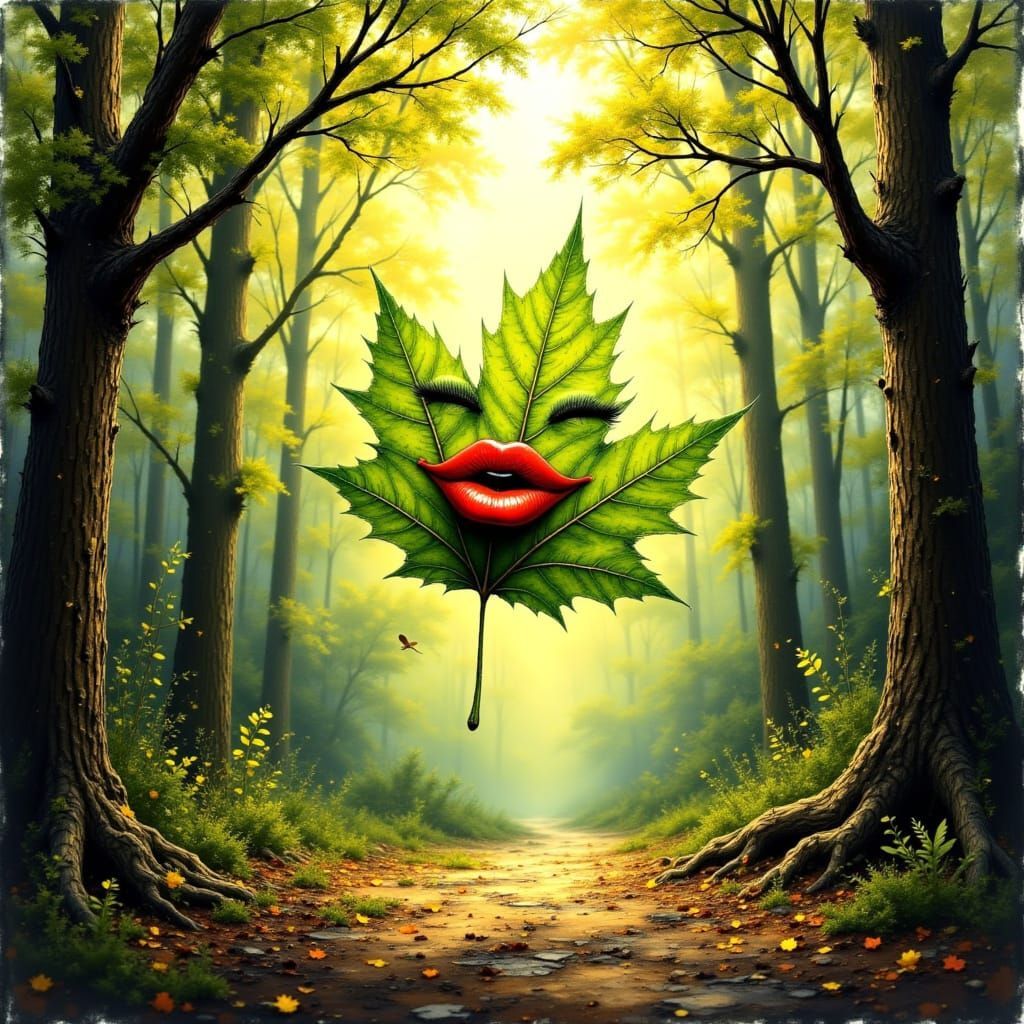 Smiling Leaf with Golden Earring, Surreal Illustration