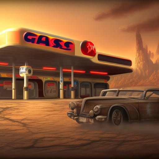 Retro Gas Station on Mars in Detailed Matte Painting