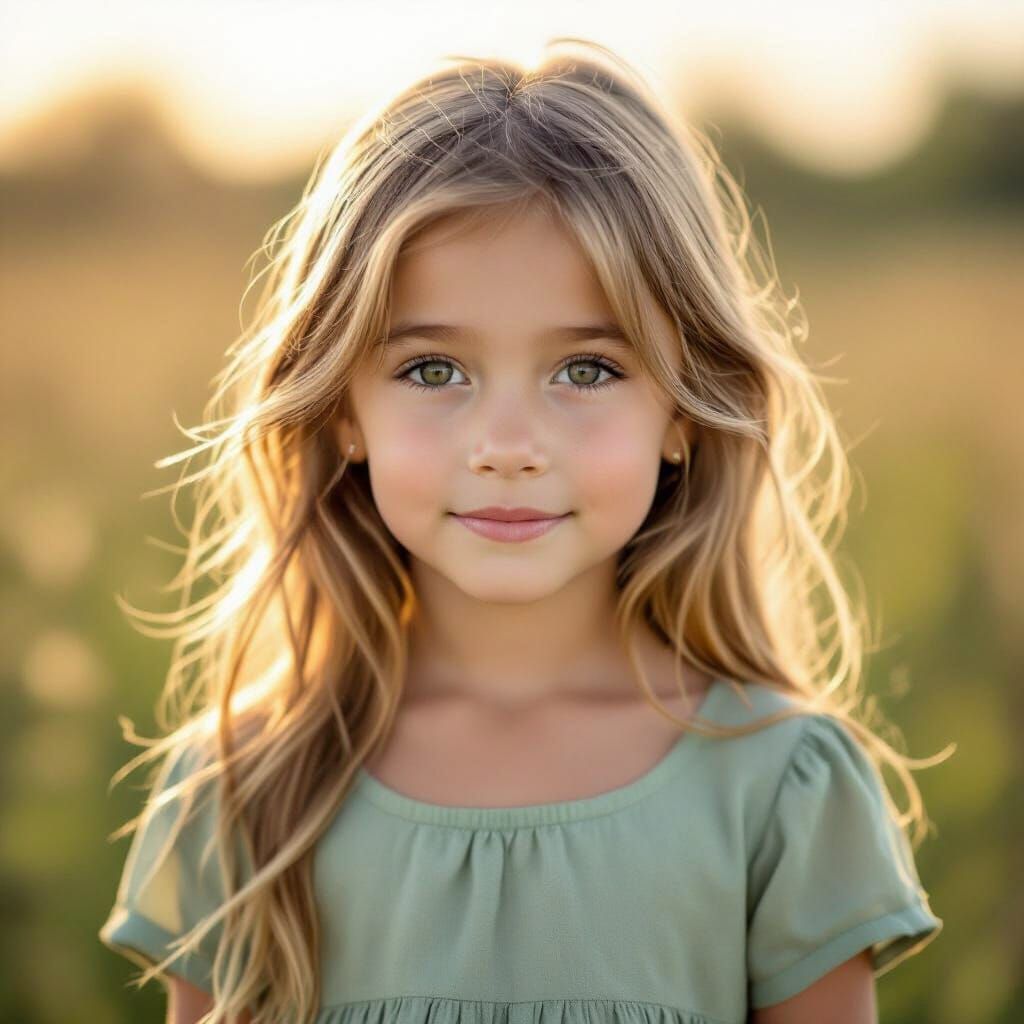 Charming Girl in Sage Green Dress, Golden Hour Light