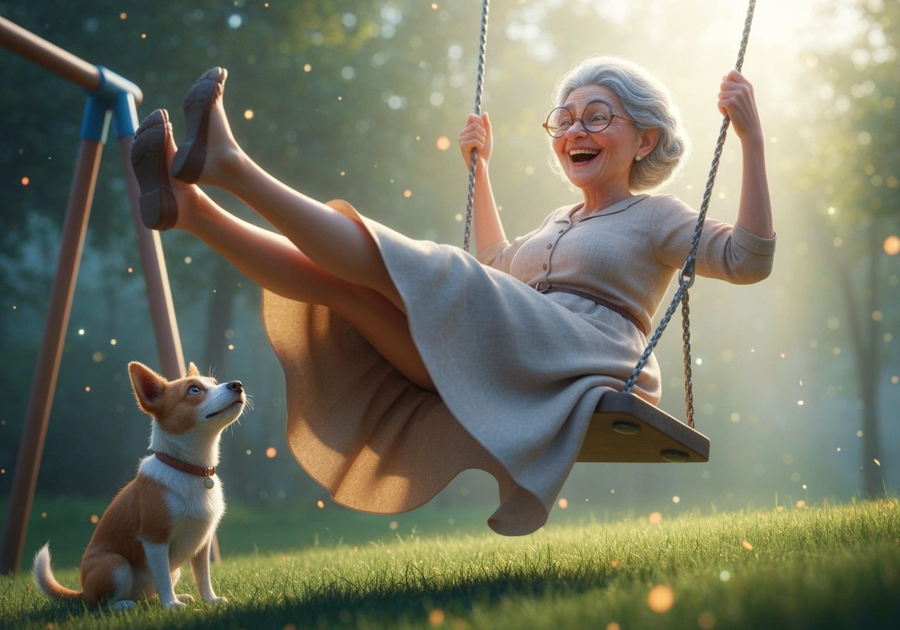 Joyful Old Woman on Swing in Dreamlike Scene