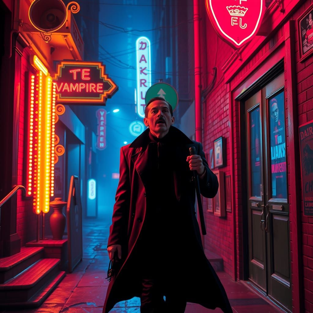 Vampire Hunter in Neon Horror Film Scene