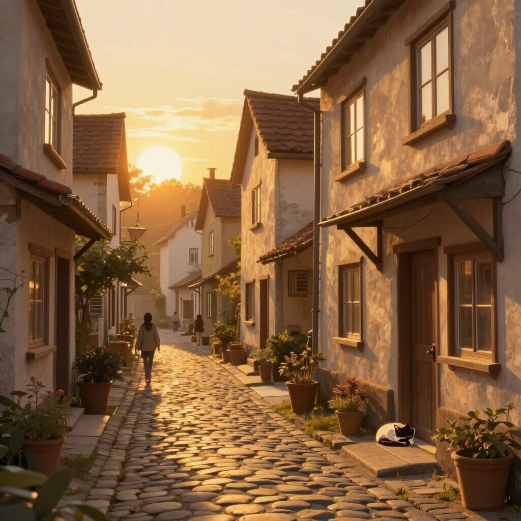 Golden Hour Village Street with Sleeping Cat