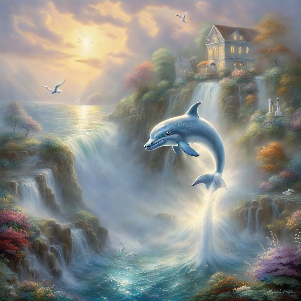 Ethereal Waterfall Scene with Silver Dolphin