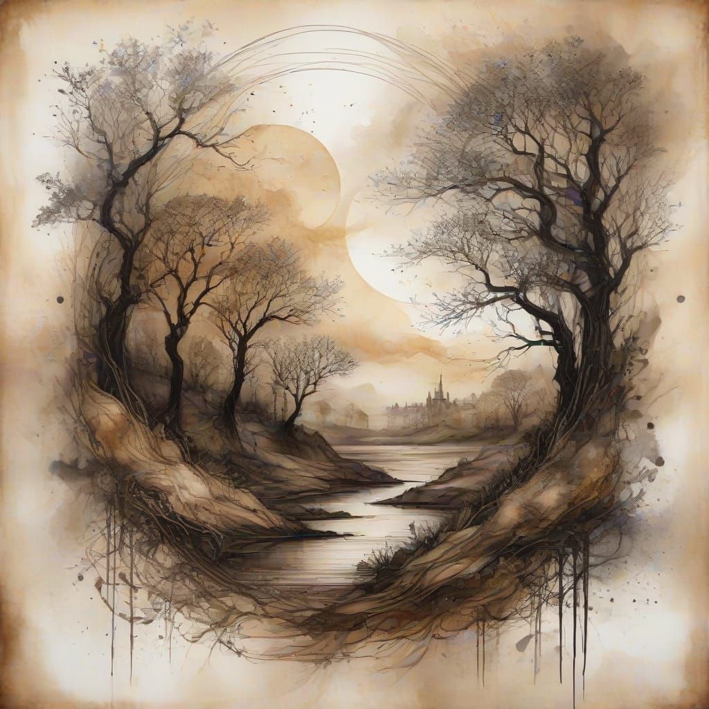 Ethereal Medieval Landscape in Sepia Tones