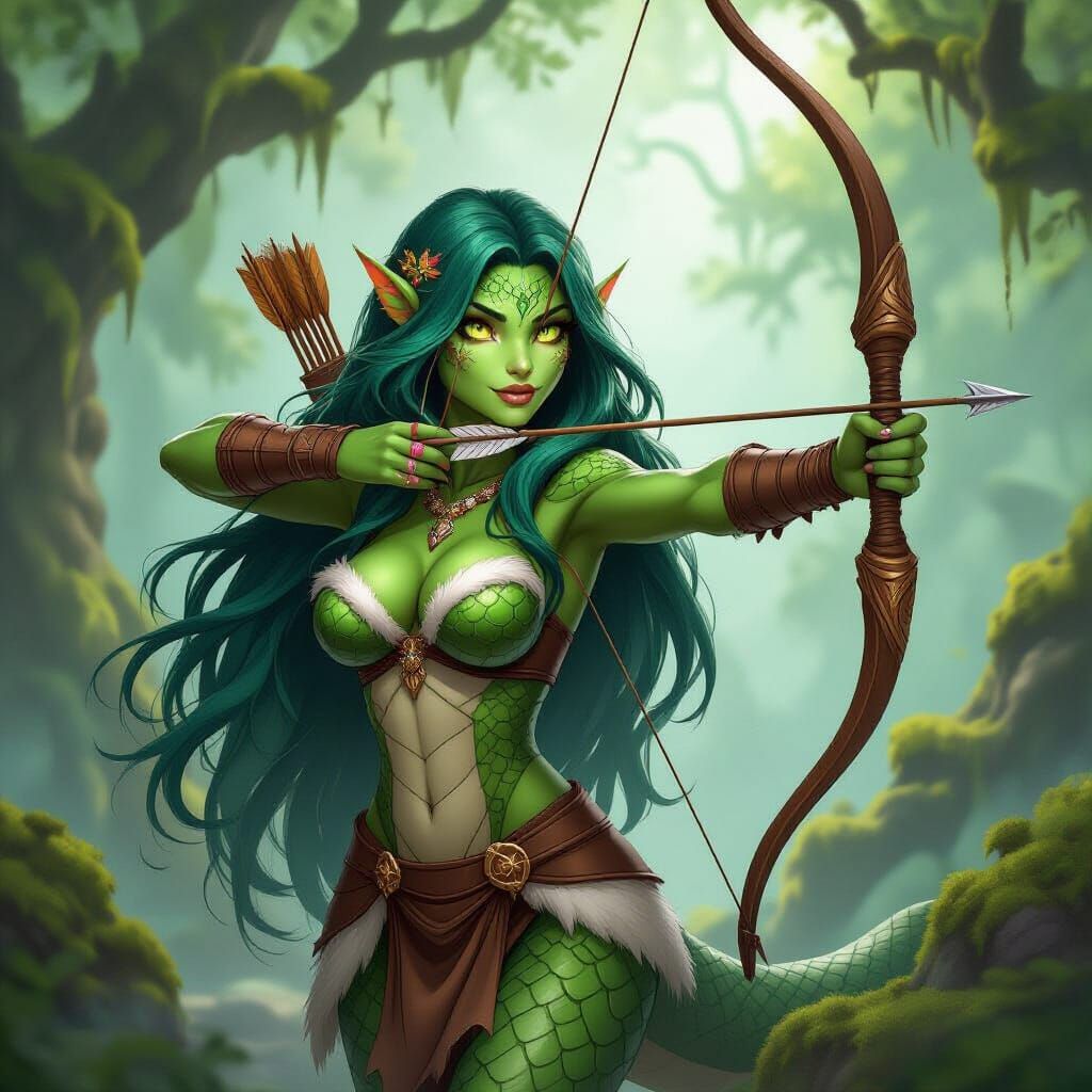Anthropomorphic Snake Woman with Bow in Enchanted Forest