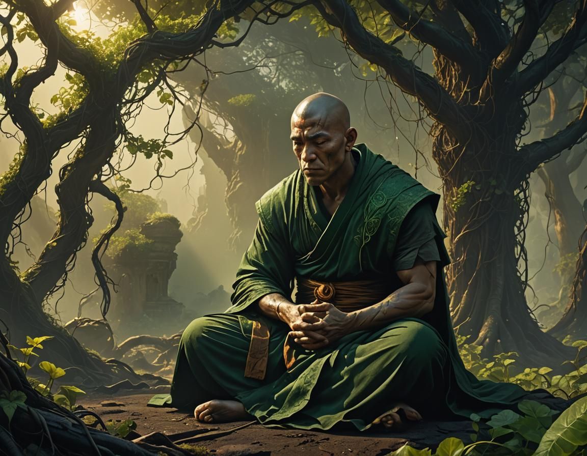 Monk Meditates in Wasteland with Emerald Aura