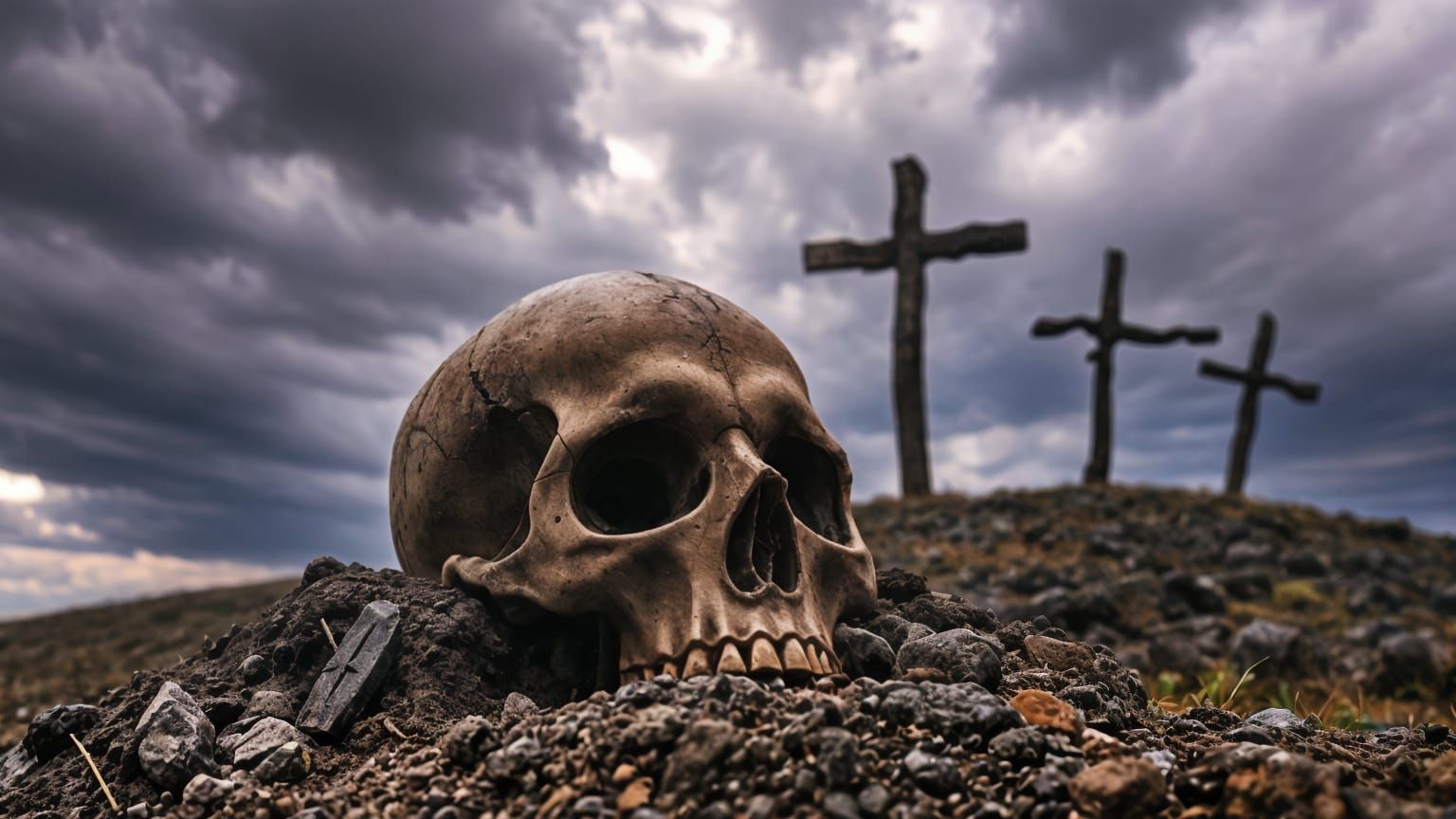 Skull Embedded in Dirt With Three Crosses