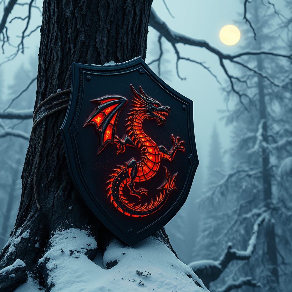 Epic Cyberpunk Dragon Shield in Snowy Forest