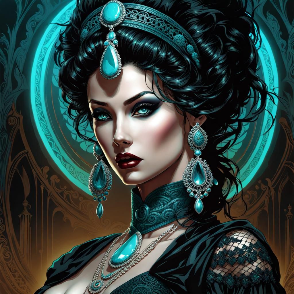 Gothic Mistress in Lace: Retro Noir Digital Art