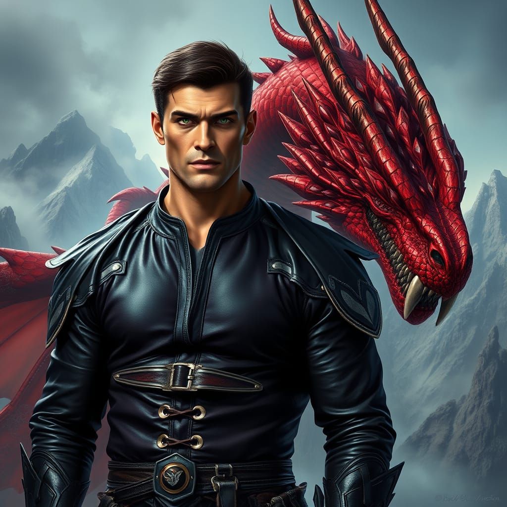 Regal Warrior Stands Beside Majestic Dark Red Dragon