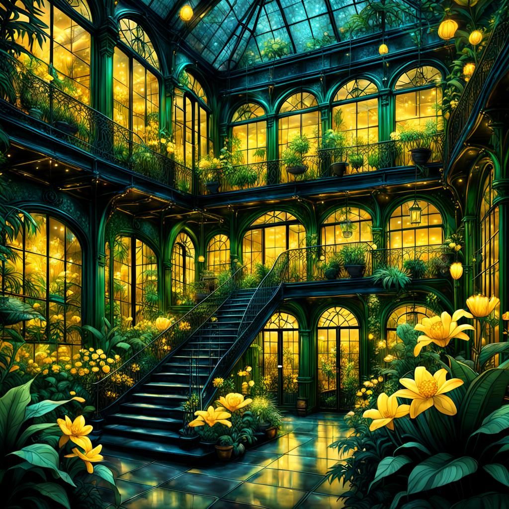 Lush Yellow Glasshouse Interior at Night