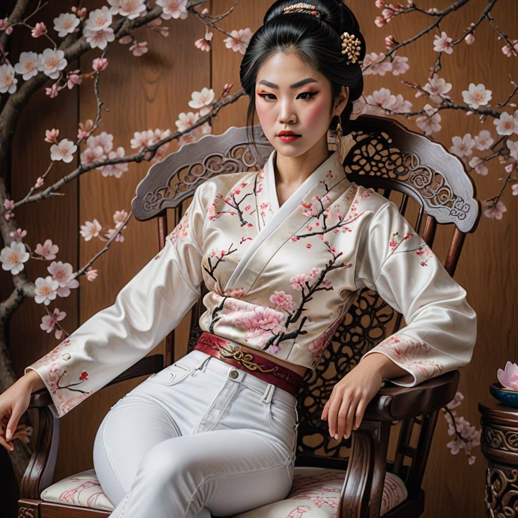 Geisha in Jeans on Ornate Chair, Vibrant Pastels